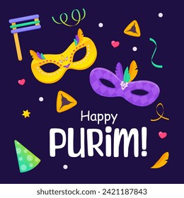 Happy Purim poster for party, banner, Jewish holiday. Religious holidays and events 