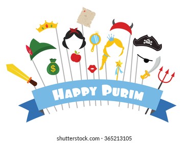 Happy Purim. Prince and Princess Party set - photobooth props with mustaches, wigs and objects . vector illustration