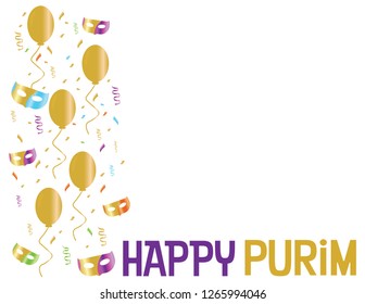 Happy purim Purple and Gold frame with confetti, balloons and masks