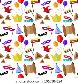 Happy Purim seamless cartoon flat icons pattern, Jewish israel holiday icons and symbols colorful background, costumes and masks.