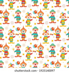 Happy purim seamless pattern with clowns. Circus, carnival endless texture, background. Vector illustration