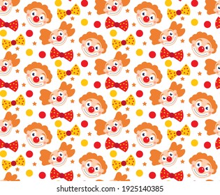 Happy purim seamless pattern with clowns. Circus, carnival endless texture, background. Vector illustration