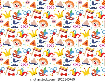 Happy purim seamless pattern with clowns. Circus, carnival endless texture, background. Vector illustration