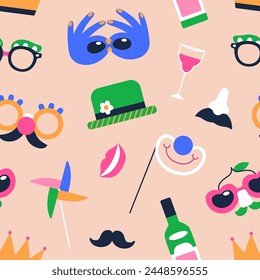 Purim feliz, patrón sin fisuras. Carnaval judío, diseño de estampado repetido con máscaras de carnaval, sombreros. Fondo de la mascarada de Festiva para la tela, papel de envoltura festivo, textil. Ilustración vectorial plana