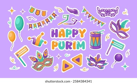 Happy Purim set vibrant vector illustration featuring essential elements like hamentashen, masks, festive garlands, jester hats, and colorful balloons, capturing the joy and fun of the holiday.