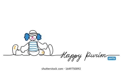 Happy purim simple vector web banner with clown. One continuous line drawing, background, illustration with lettering  Happy purim and clown toy.