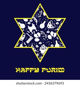 Happy Purim.   Star of David with traditional Purim items in silhouettes. Hamantaschen cookies, carnival masks, rattle, gifts, balloons, sweets, Torah scroll, crown. 