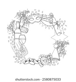 Happy Purim symbols round frame template with copy space black and white vector illustration in line style. Jewish holiday menorah, Torah megillah with mask, raashan, sparkler and cookies for coloring