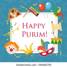 Happy Purim, Template Greeting Card, Poster, Flyer, Frame For Text. Purim Jewish Holiday, Carnival. Vector Illustration