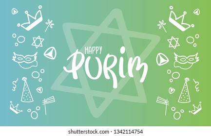 Happy Purim. Traditional Jewish religious holiday. Сelebrated by a masquerade and festival. A set of elements: the Star of David, masks, toys, cookies and other decor. Vector hand painted illustration