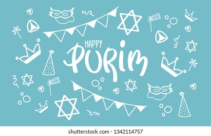 Happy Purim. Traditional Jewish religious holiday. Сelebrated by a masquerade and festival. A set of elements: the Star of David, masks, toys, cookies and other decor. Vector hand painted illustration