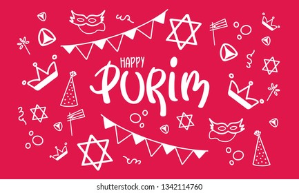 Happy Purim. Traditional Jewish religious holiday. Сelebrated by a masquerade and festival. A set of elements: the Star of David, masks, toys, cookies and other decor. Vector hand painted illustration