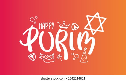 Happy Purim. Traditional Jewish religious holiday. Сelebrated by a masquerade and festival. A set of elements: the Star of David, masks, toys, cookies and other decor. Vector hand painted illustration