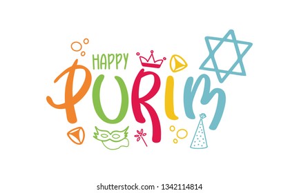 Happy Purim. Traditional Jewish religious holiday. Сelebrated by a masquerade and festival. A set of elements: the Star of David, masks, toys, cookies and other decor. Vector hand painted illustration