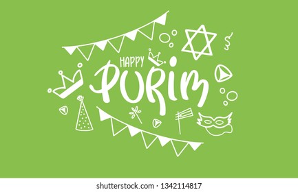 Happy Purim. Traditional Jewish religious holiday. Сelebrated by a masquerade and festival. A set of elements: the Star of David, masks, toys, cookies and other decor. Vector hand painted illustration