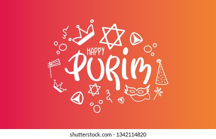 Happy Purim. Traditional Jewish religious holiday. Сelebrated by a masquerade and festival. A set of elements: the Star of David, masks, toys, cookies and other decor. Vector hand painted illustration