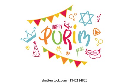 Happy Purim. Traditional Jewish religious holiday. Сelebrated by a masquerade and festival. A set of elements: the Star of David, masks, toys, cookies and other decor. Vector hand painted illustration