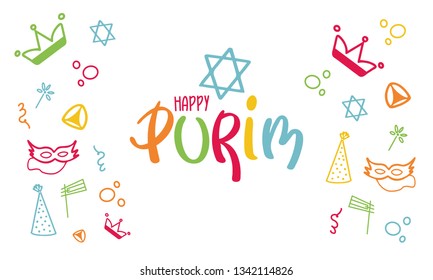 Happy Purim. Traditional Jewish religious holiday. Сelebrated by a masquerade and festival. A set of elements: the Star of David, masks, toys, cookies and other decor. Vector hand painted illustration