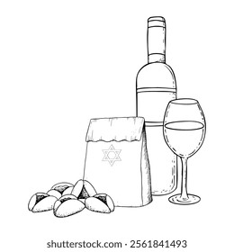 Happy Purim traditional pastry and wine drink for Mishloah manot black and white vector illustration with hamantaschen cookies, bottle, glass and gift bag. Hand drawn line composition for coloring