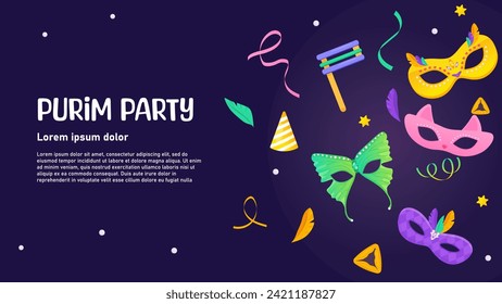 Happy Purim web banner for party, Jewish holiday. Religious holidays and events 