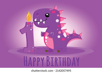 Happy purple Dino with birthday candle, vector illustration