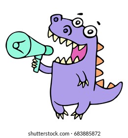 Happy purple dragon shouting in loudspeaker. Vector illustration. Cute cartoon character.