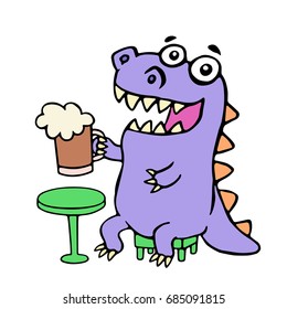 Happy purple dragon sitting with a mug of beer. Vector illustration. Cute imaginary cartoon character.