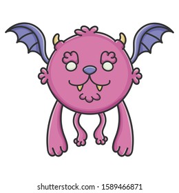 Happy purple flying cartoon bat monster isolated on white