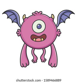 Happy purple flying cartoon bat monster isolated on white