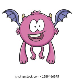 Happy purple flying cartoon bat monster isolated on white