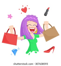Happy Purple Hair Girl Shopping  with Bags in her Hands Vector Illustration on white background