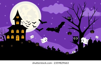 Happy purple Halloween night background in flat design. Vector Halloween Illustration.