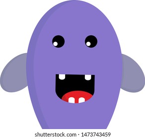 A happy purple monster with 4 teeth, vector, color drawing or illustration.