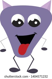 A happy purple monster with horns and tongue sticking out, vector, color drawing or illustration. 