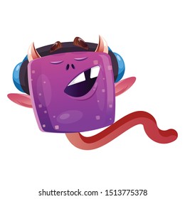 Happy Purple Monster Listening To Music On His Headphones. Vector Illustration Isolated On White Background