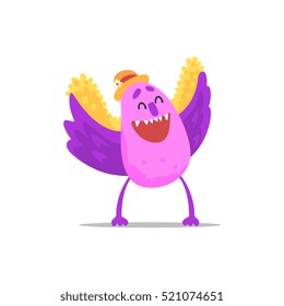 Happy Purple Monster With Wings In Straw Hat Partying Hard As A Guest At Glamorous Posh Party Vector Illustration