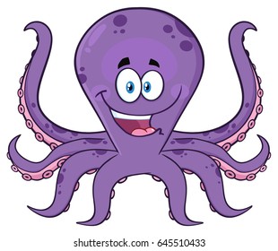 Happy Purple Octopus Cartoon Mascot Character. Vector Illustration Isolated On White Background