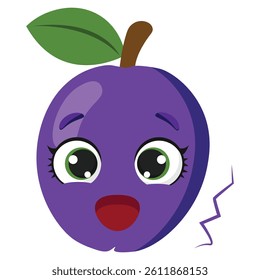 Happy purple plum with big shiny eyes and a green leaf, ideal for children’s products, branding, stickers, and fresh food packaging
