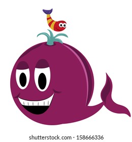 a happy purple whale with big eyes and his friend fish
