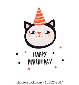 Happy purrrhday. Funny cat in holiday hat. Design for party card, print, poster. Pet vector illustration. Cartoon doodle animals images. Cute kitten with lettering. Hand drawn character