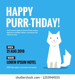 Happy Purr-Thday Invitation Design with Cute Cat Illustration Where and When Details