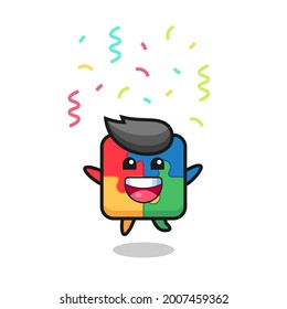 happy puzzle mascot jumping for congratulation with colour confetti , cute style design for t shirt, sticker, logo element