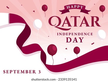 Happy Qatar Independence Day Vector Illustración el 3 de setiembre con fondo de bandera ondeando con dibujos a mano de caricatura dibujados en plantillas de páginas de aterrizaje