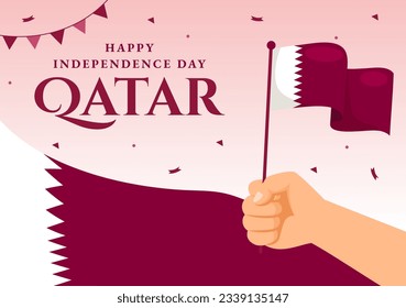 Happy Qatar Independence Day Vector Illustration on 3 September with Waving Flag Background in Flat Cartoon Hand Drawn Landing Page Templates
