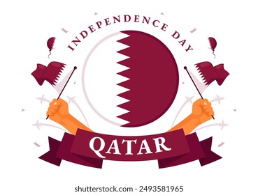 Happy Qatar Independence Day Vector Illustration for September 3rd featuring a Waving Flag and Ribbon in a Flat Style Cartoon Background