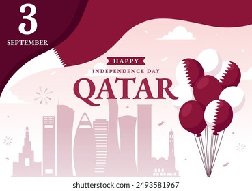 Feliz Día de la Independencia de Qatar Ilustración vectorial para el 3 de septiembre con una bandera ondeando y una cinta en un fondo plano de dibujos animados