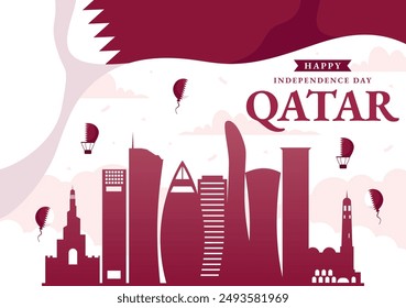 Happy Qatar Independence Day Vector Illustration for September 3rd featuring a Waving Flag and Ribbon in a Flat Style Cartoon Background