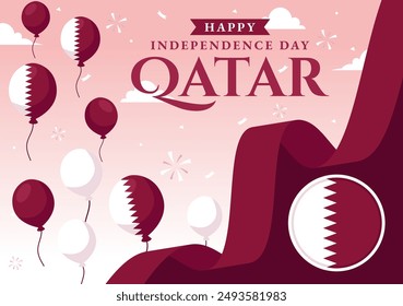 Feliz Día de la Independencia de Qatar Ilustración vectorial para el 3 de septiembre con una bandera ondeando y una cinta en un fondo plano de dibujos animados