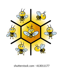 happy queen bee & bees with bee hive vector illustration