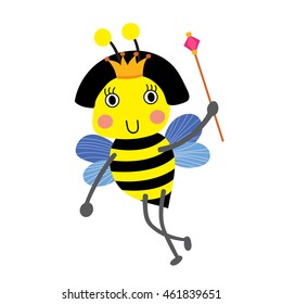 Happy Queen Bee holding scepter animal cartoon character isolated on white background.